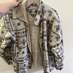 Petite Sophisticate Patterned Bomber Jacket - Cream and Blue